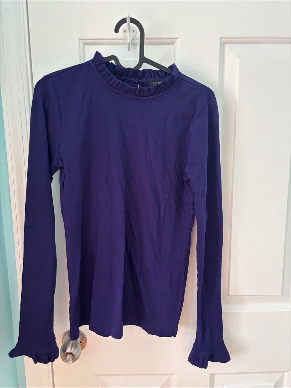 Ann Taylor Deep Purple Ruffled Neck Long Sleeve Top